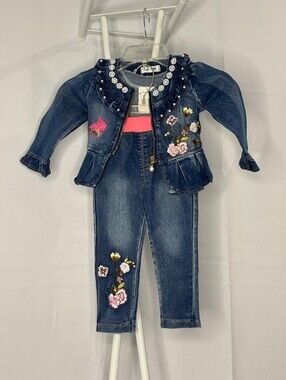 Baby Girls 3/6-12M Denim 2 Piece Set Floral Embroidered Jacket & Jeans NWT